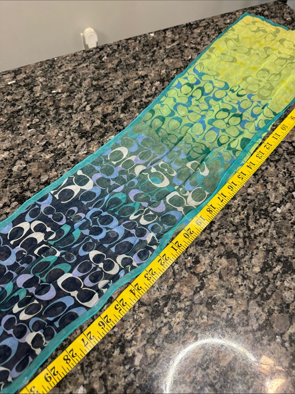 Coach silk Lime Green and Teal Logo Print Scarf - Picture 10 of 12